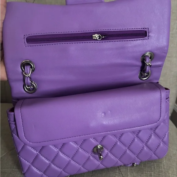 Designed Inspired Purple Lavender Quilted Faux Leather Flap Bag - Picture 3 of 4